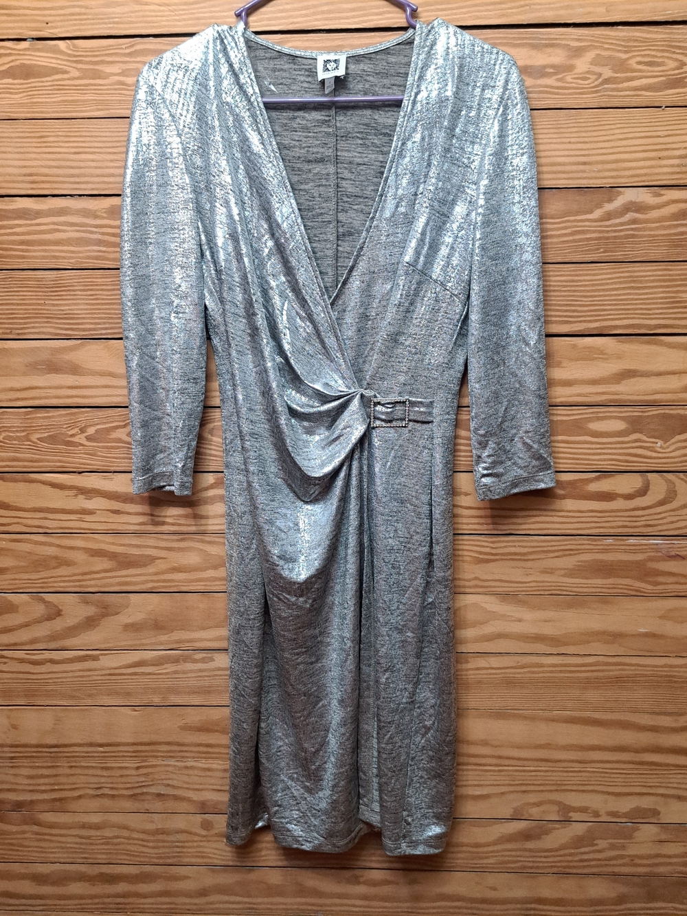 Anne Klein Silver Metallic Twist-Front Long Sleeve Dress